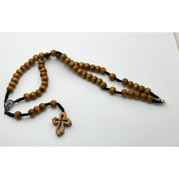 Wooden Bead Rosary With Cross & Virgin Mary Medal Religious Catholic Prayer - Picture 2 of 9